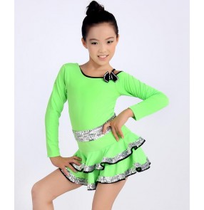 Neon green fluorescent long sleeves sequins round neck leotard competition performance professional latin salsa cha cha dance dresses outfits